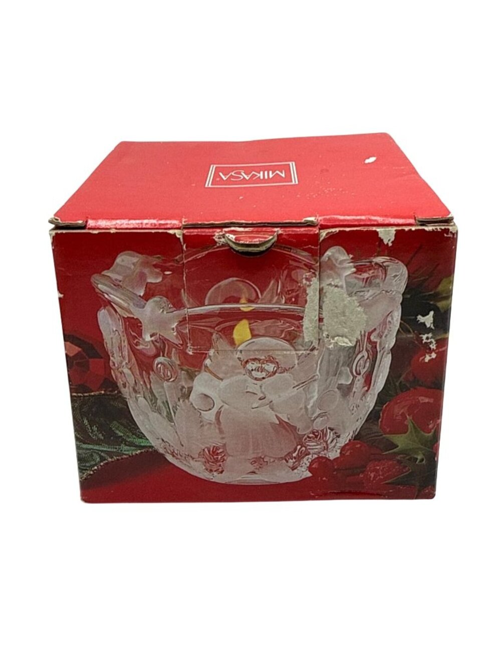 Mikasa Holiday Lights 3" Crystal Candle Holder Frosted Angels Christmas Decor